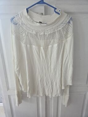 Free People Ivory Lace Yoke Ribbed Long-Sleeve Top